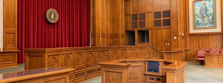 Wide interior view of an American trial courtroom with the judge's bench, witness stand, and wood paneling, representing the setting for federal sentencing hearings.