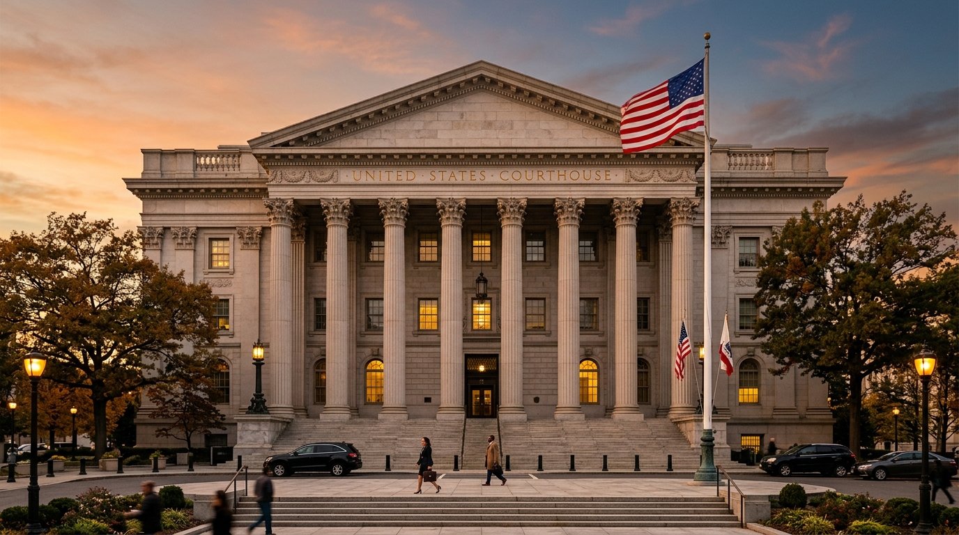 Federal courthouse exterior at dusk — the setting where every federal case is decided.