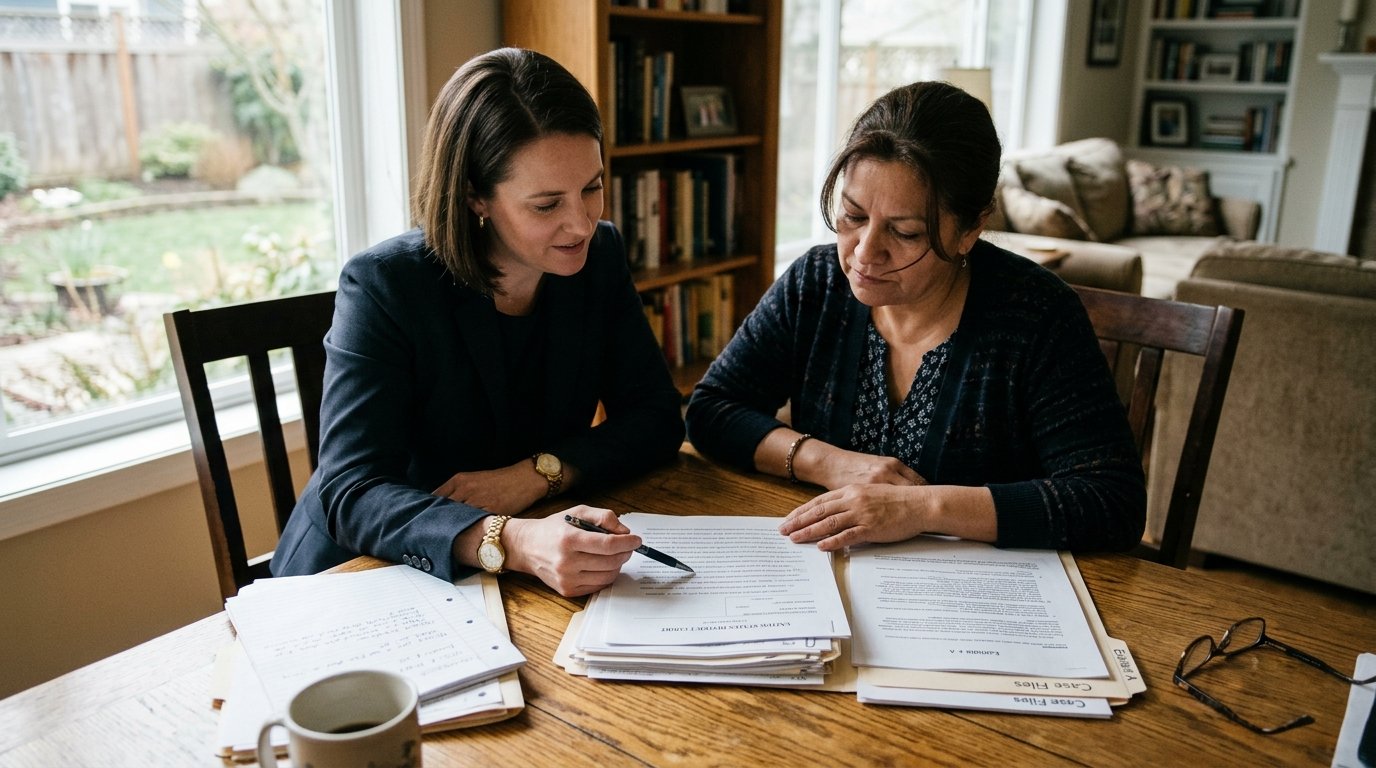 A federal case consultant sits with a family member at a wood table, reviewing case documents in warm afternoon light.