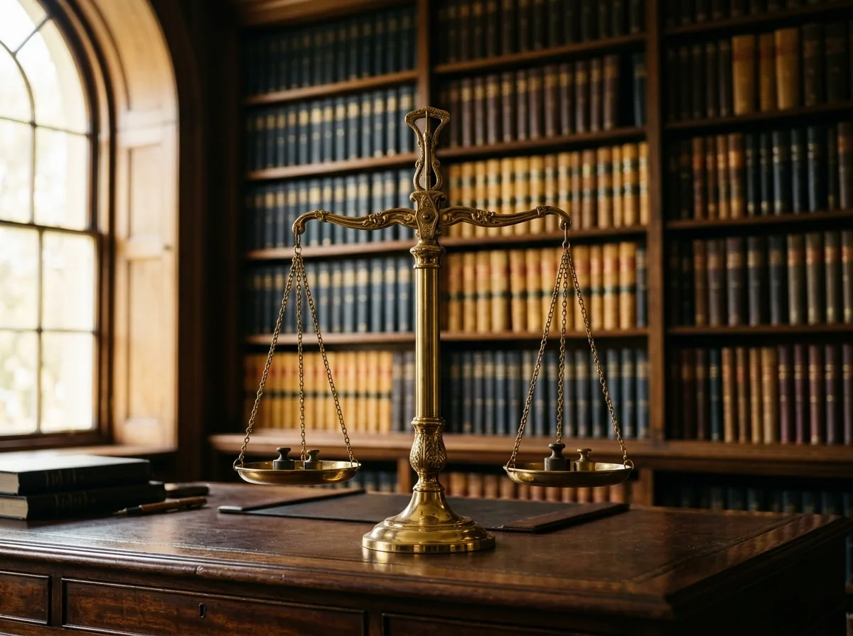 Brass scales of justice in a law library representing the Section 3553(a) factors a court weighs