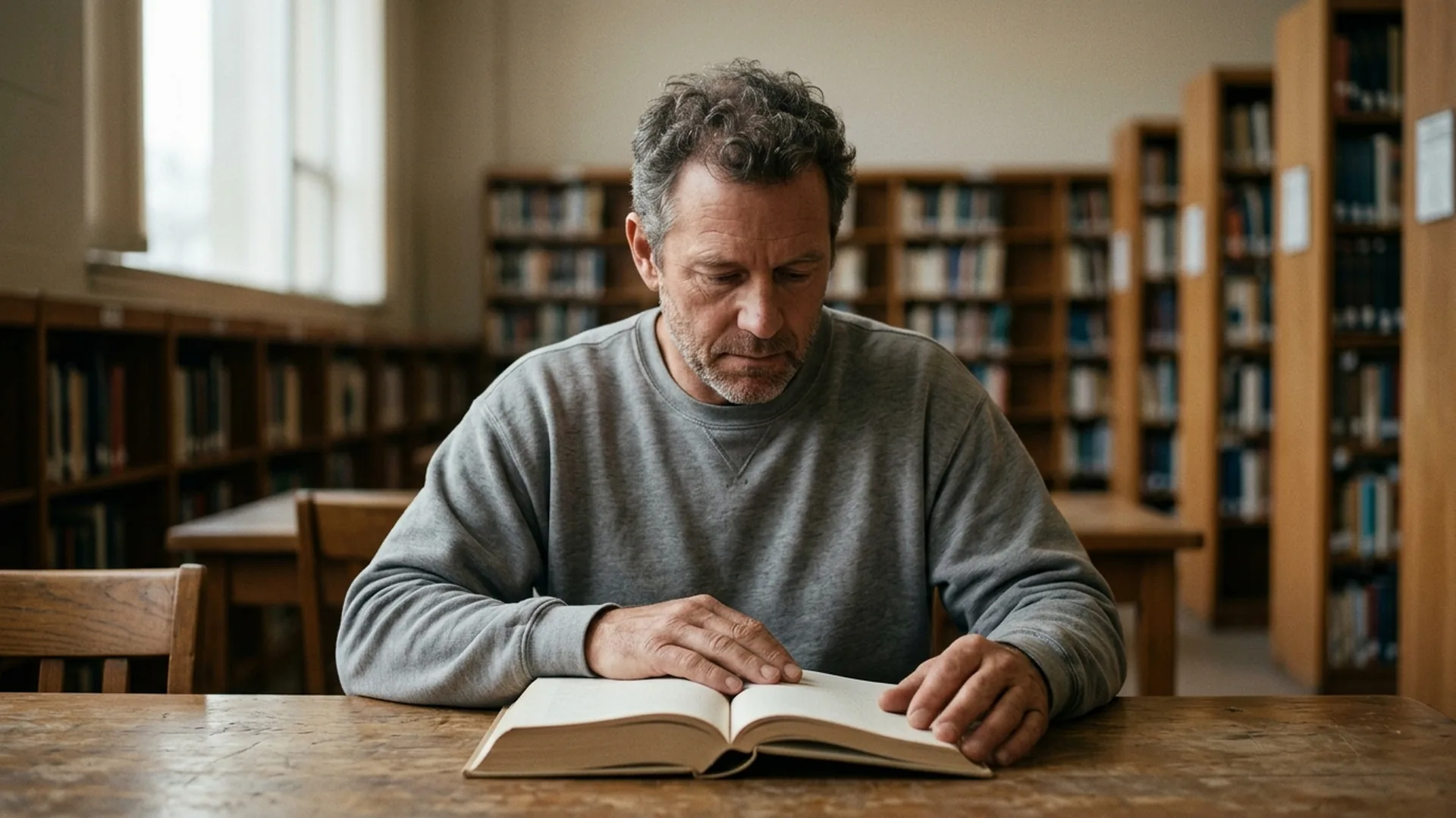 A man reading a book at a table in a quiet institutional library, representing programming participation that earns FSA time credits.