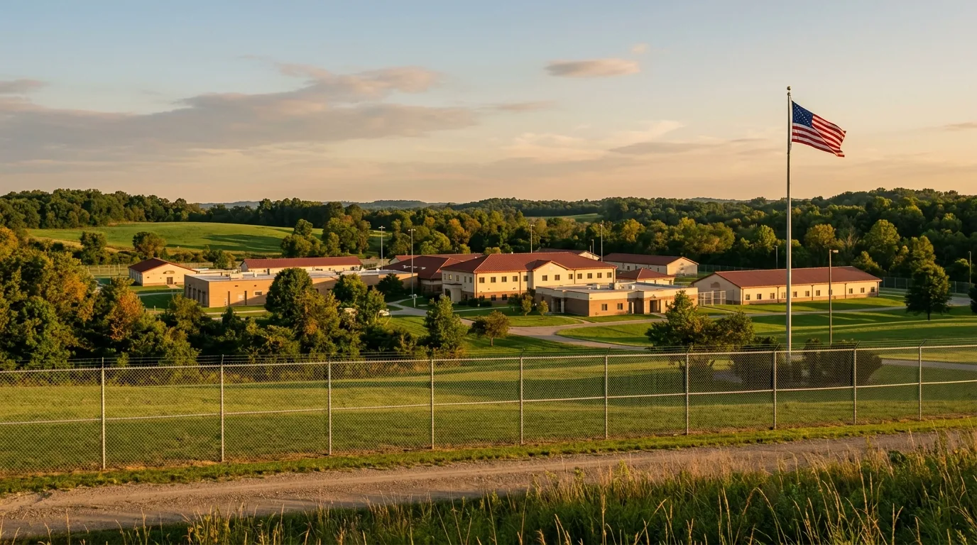 Federal correctional camp at golden hour with low-rise buildings, American flag, and rolling green fields beyond the perimeter