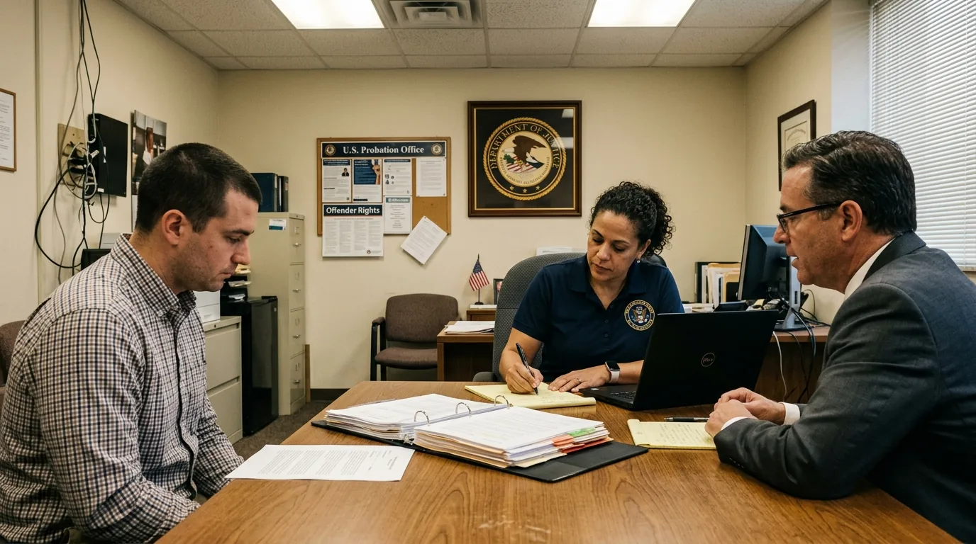 Defendant and defense attorney meeting with a U.S. Probation Officer at a presentence investigation interview