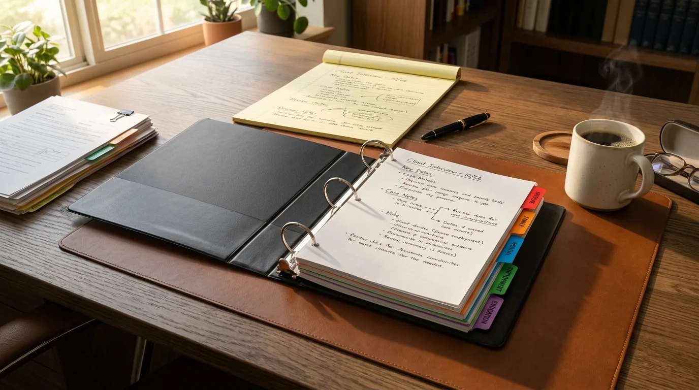 Open three-ring binder with color-coded tab dividers for offense, family, medical, employment, and education sections of a presentence report