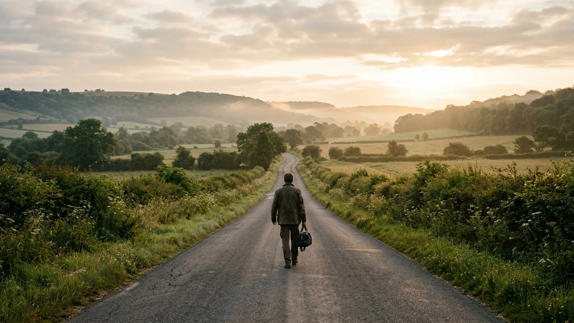 A person walking down an open rural road toward distant hills at sunrise, representing the path home after early release.