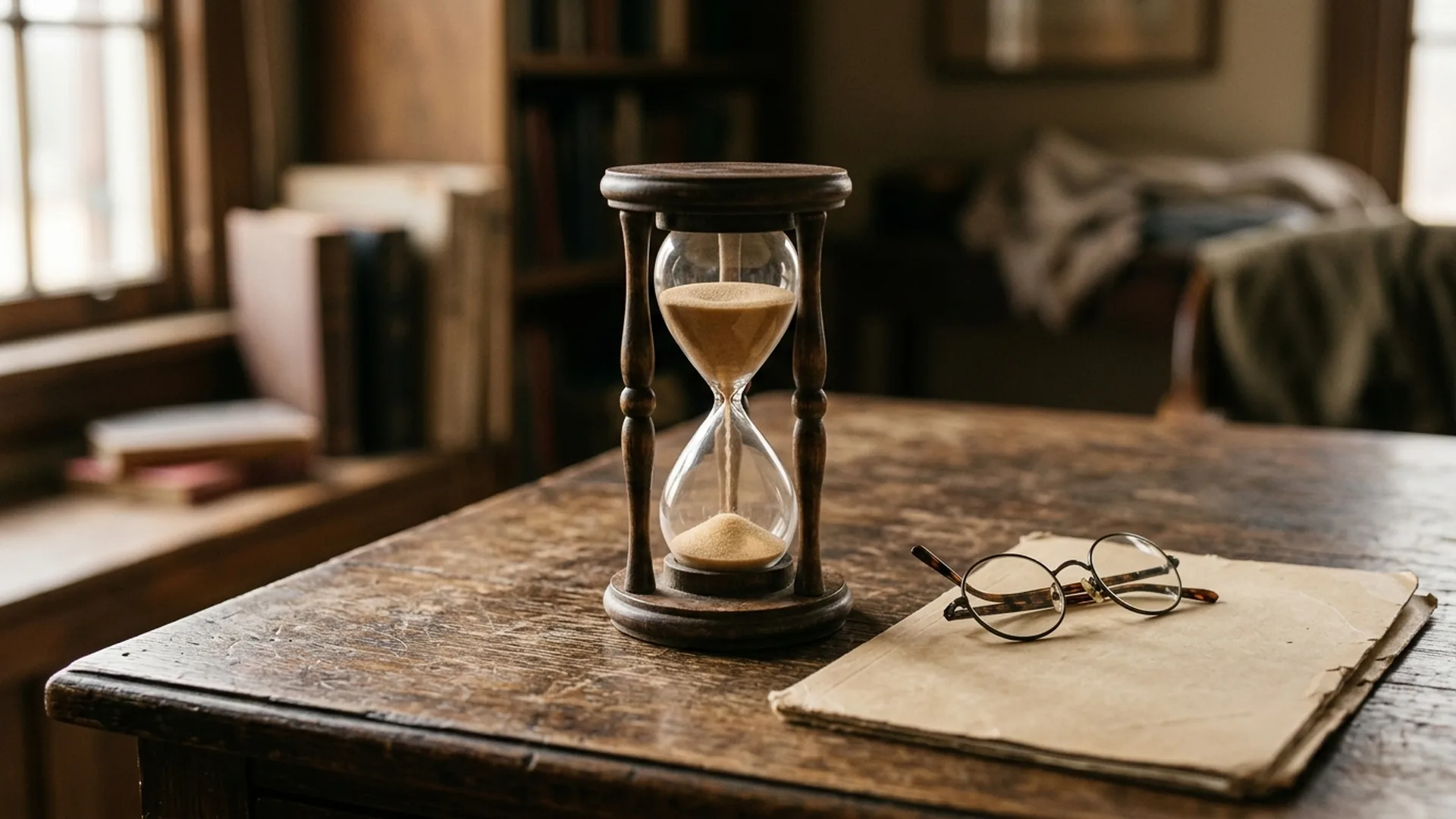 An hourglass with flowing sand beside reading glasses and a folder on a wooden desk, representing the time-credit calculation and the 365-day cap.
