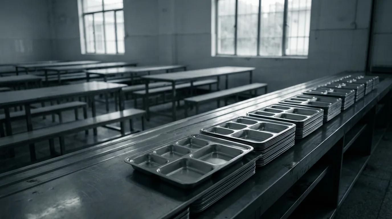 Rows of empty stainless-steel compartment lunch trays on a serving counter in a deserted school cafeteria
