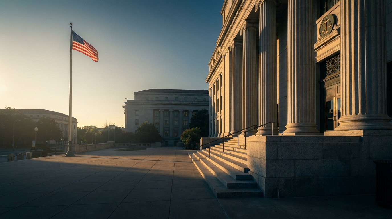 A United States federal courthouse with tall stone columns and an American flag at golden hour