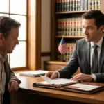 Federal prison consultant reviewing a fraud case file with a client across a desk