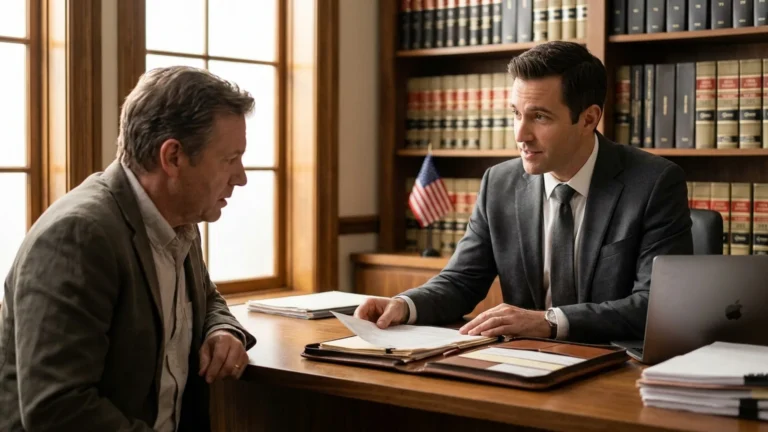 Federal prison consultant reviewing a fraud case file with a client across a desk