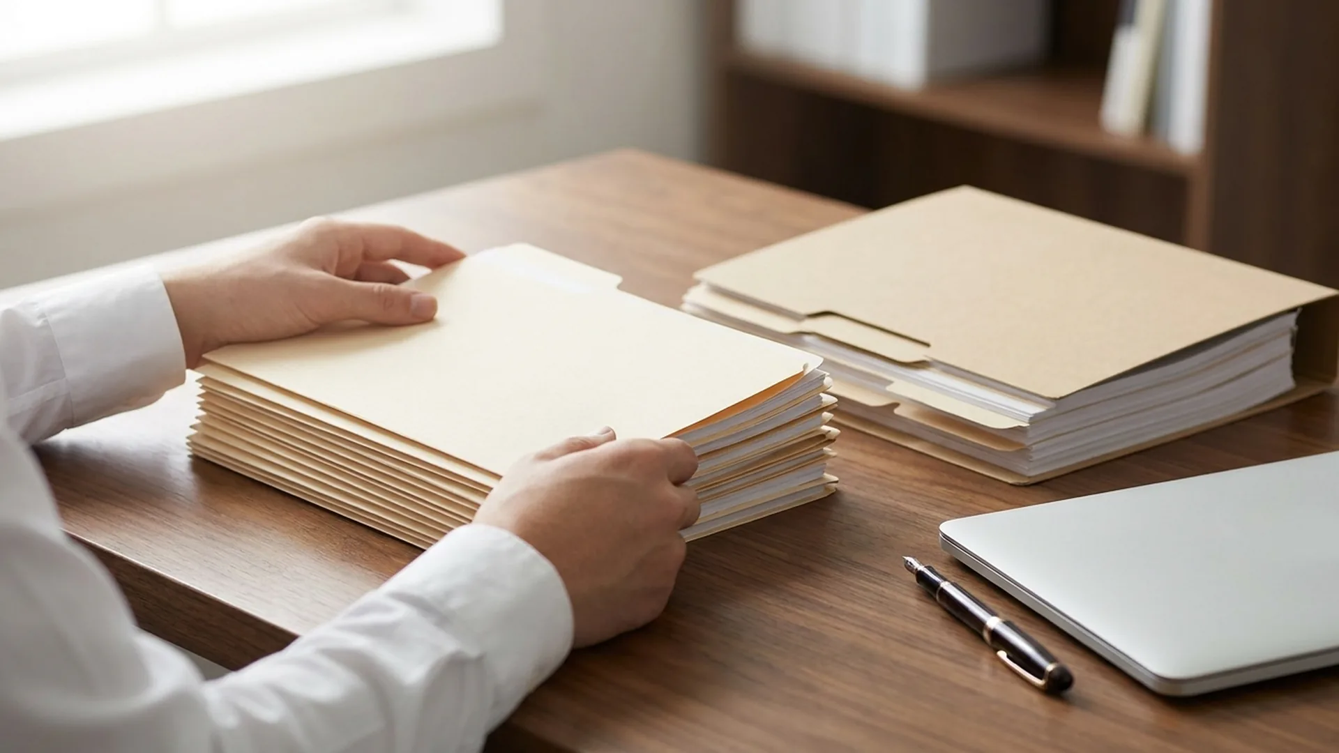 Hands organizing manila file folders while assembling a federal mitigation file before the PSR
