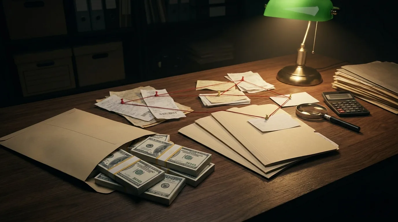 Banded stacks of cash spilling from a manila envelope beside folders connected by red string on an investigator's desk