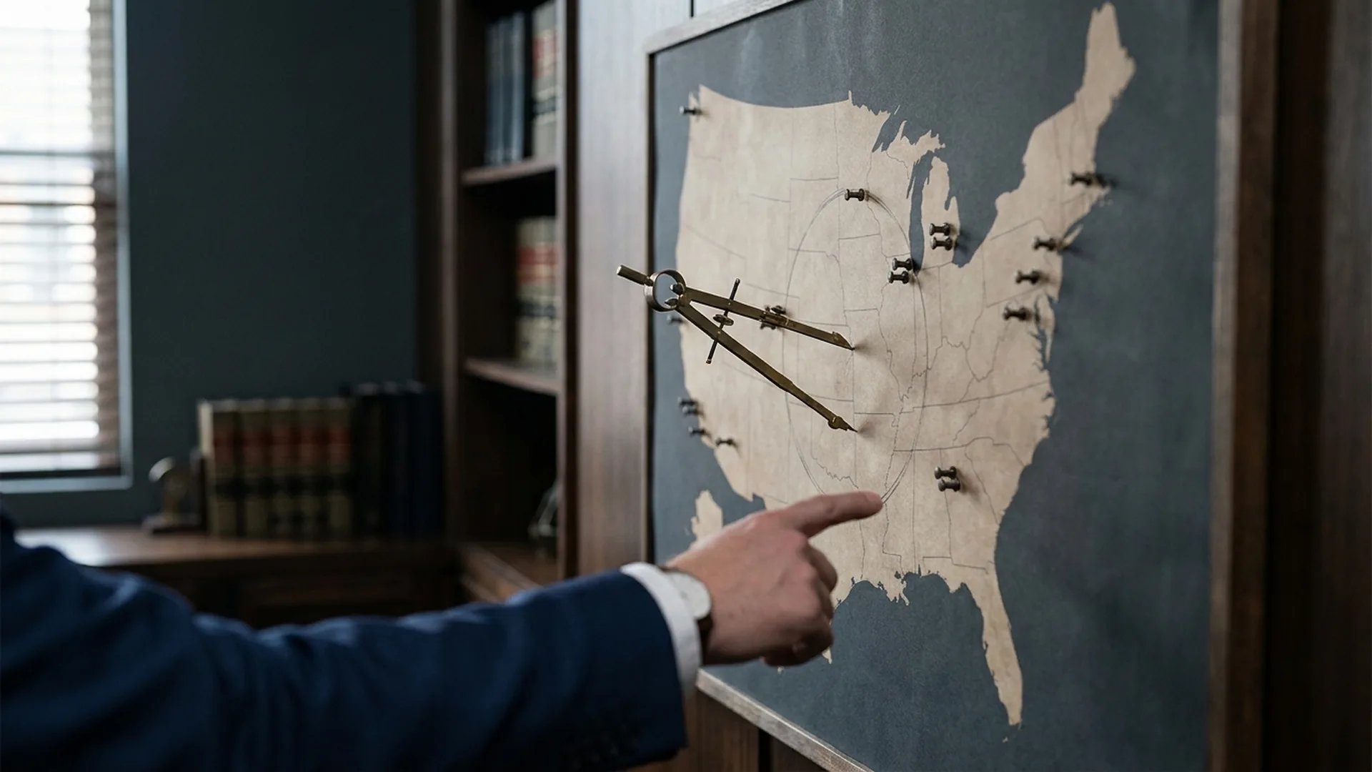 Map of the United States with federal facility pins and a drafting compass marking a 500-mile placement radius