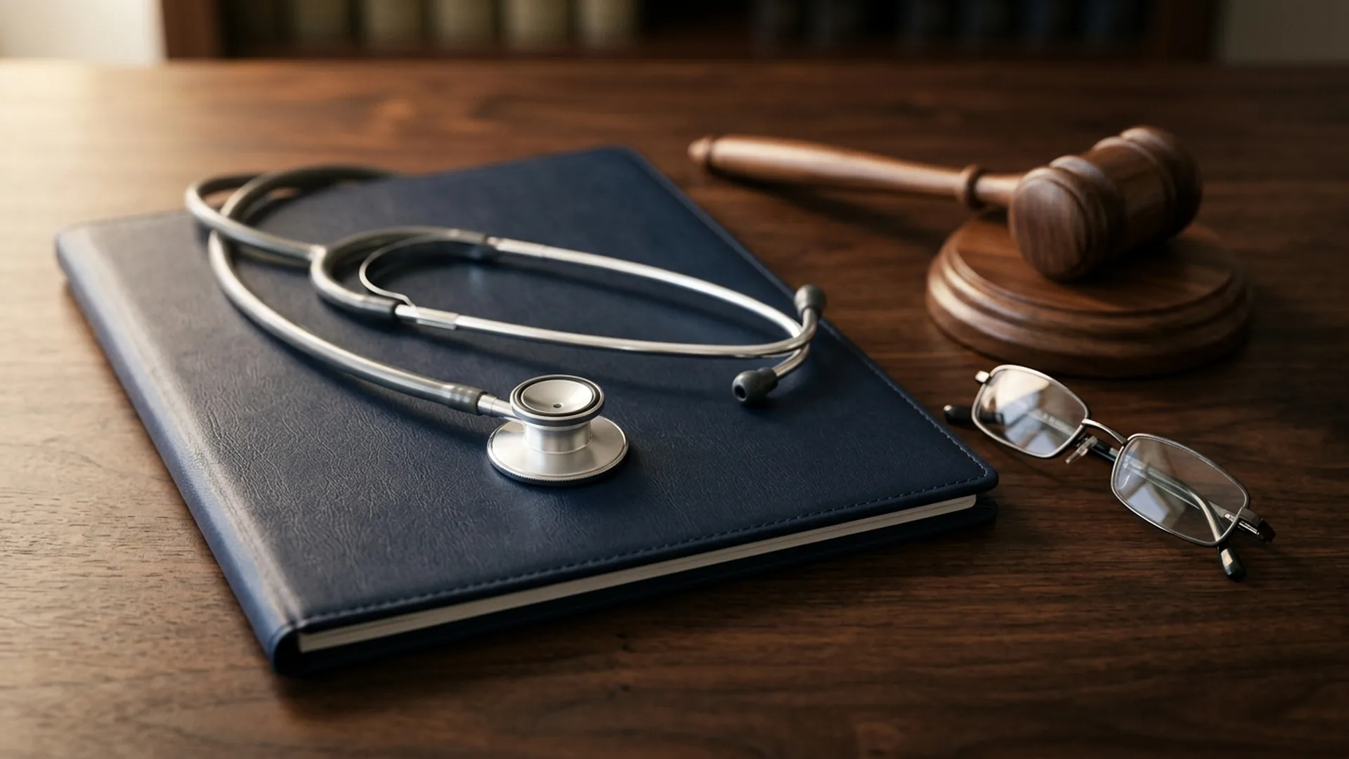 Stethoscope resting on a legal folder beside a gavel, representing medical evidence in a compassionate release motion