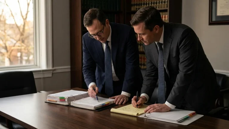 Federal prison consultant and criminal defense attorney reviewing a case file together in a law office
