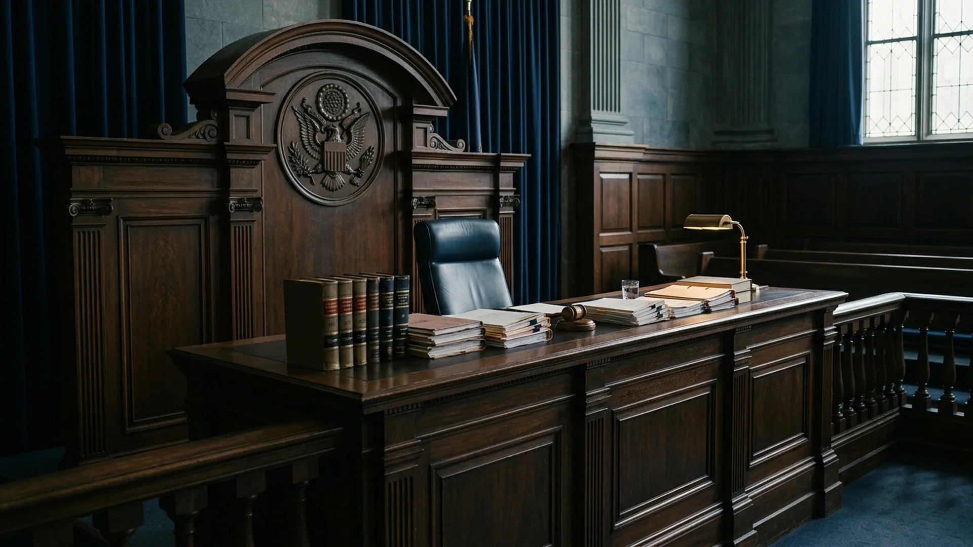 Empty federal judge's bench with law books in a quiet courtroom