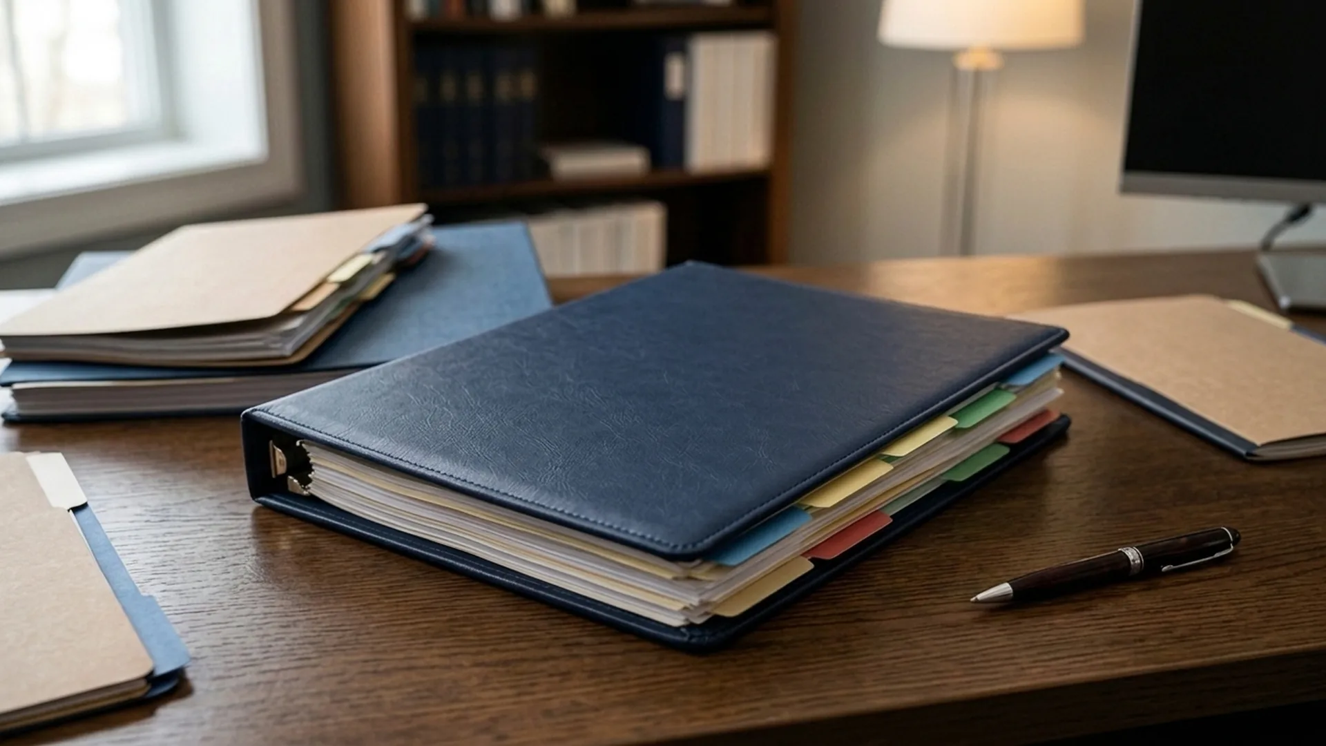 Open legal mitigation binder with tabbed dividers and organized documents