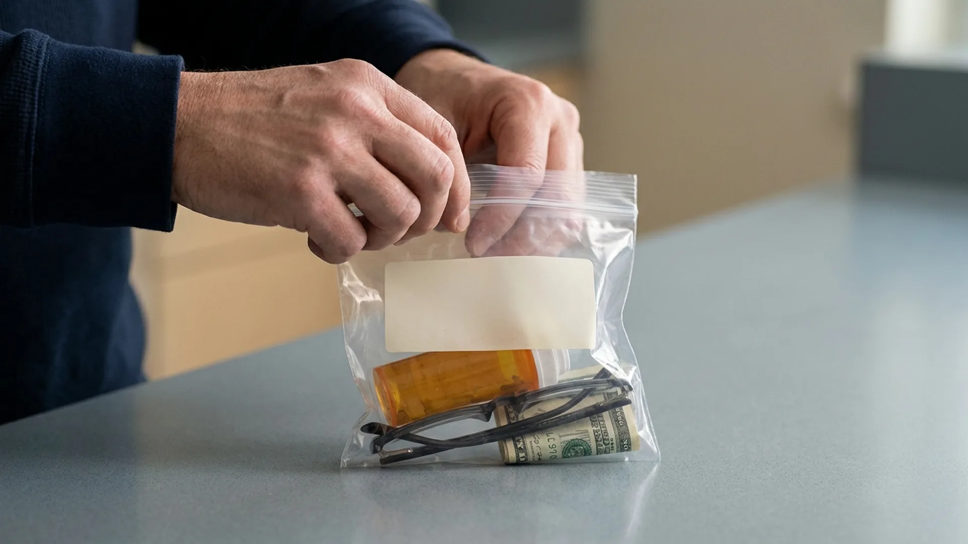 Hands sealing photo ID, a prescription bottle, eyeglasses, and cash into a clear intake bag