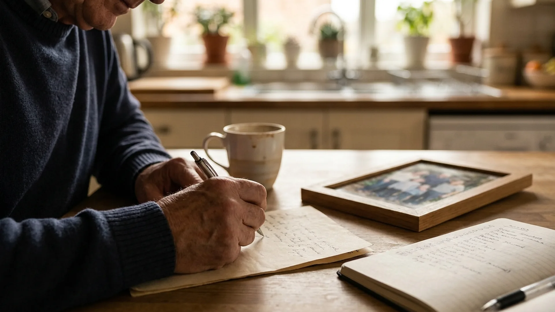 Hands writing a letter beside a framed family photo at a kitchen table