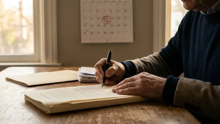 Hands signing legal paperwork at a table with a calendar showing a circled deadline