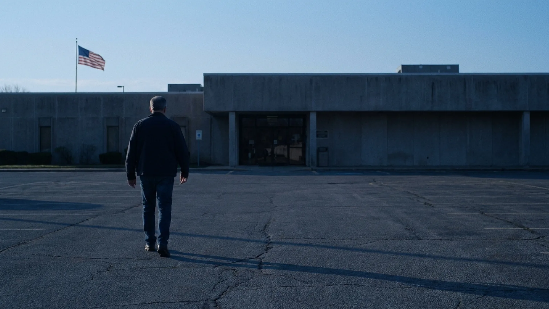 Man in street clothes walking toward a federal facility entrance at dawn