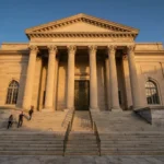 Federal courthouse with neoclassical stone columns at golden hour