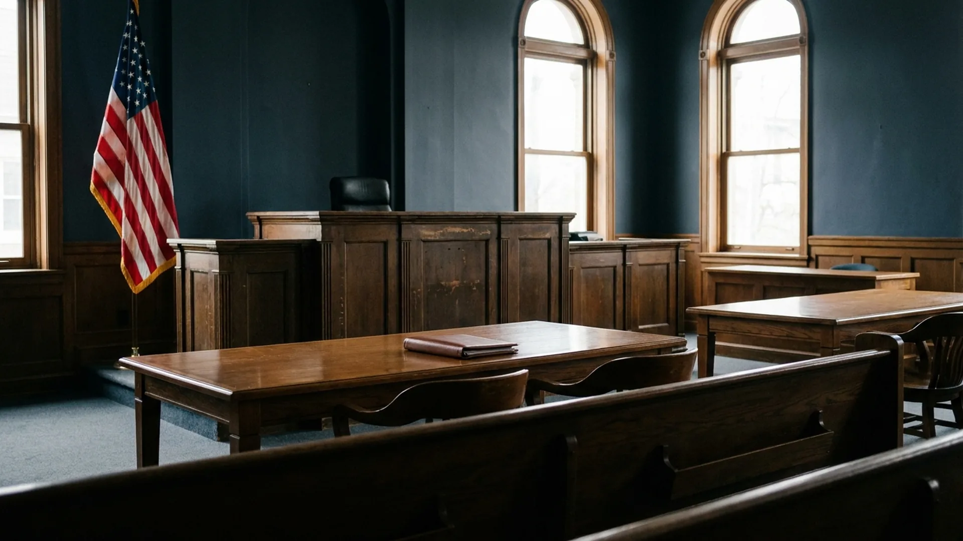 Empty federal courtroom with counsel tables and judge's bench before a sentencing hearing
