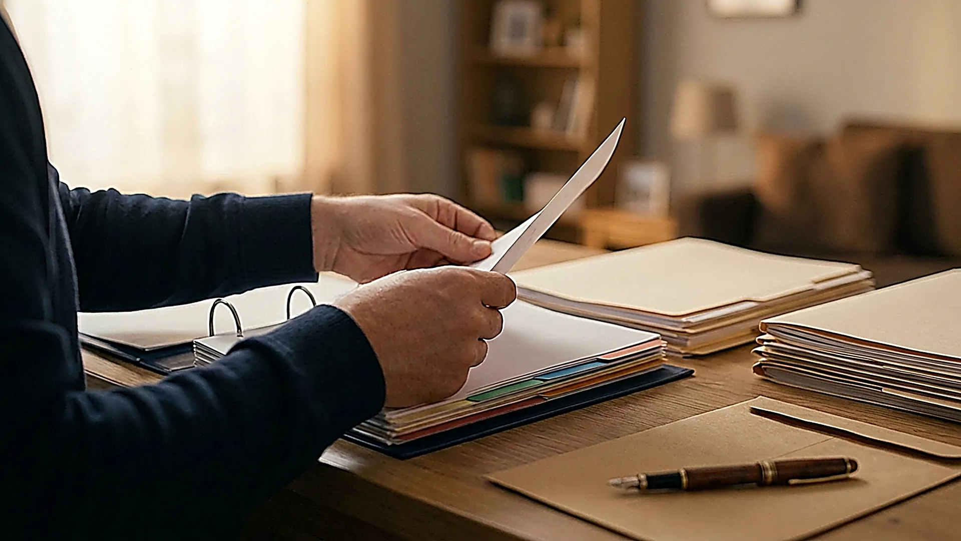 Person organizing personal records into a tabbed mitigation binder before a federal presentence interview