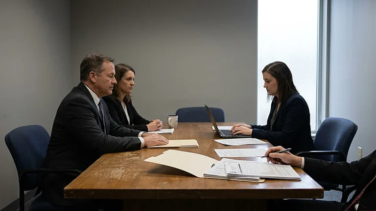 Defendant and attorney seated across from a U.S. probation officer during a federal presentence interview