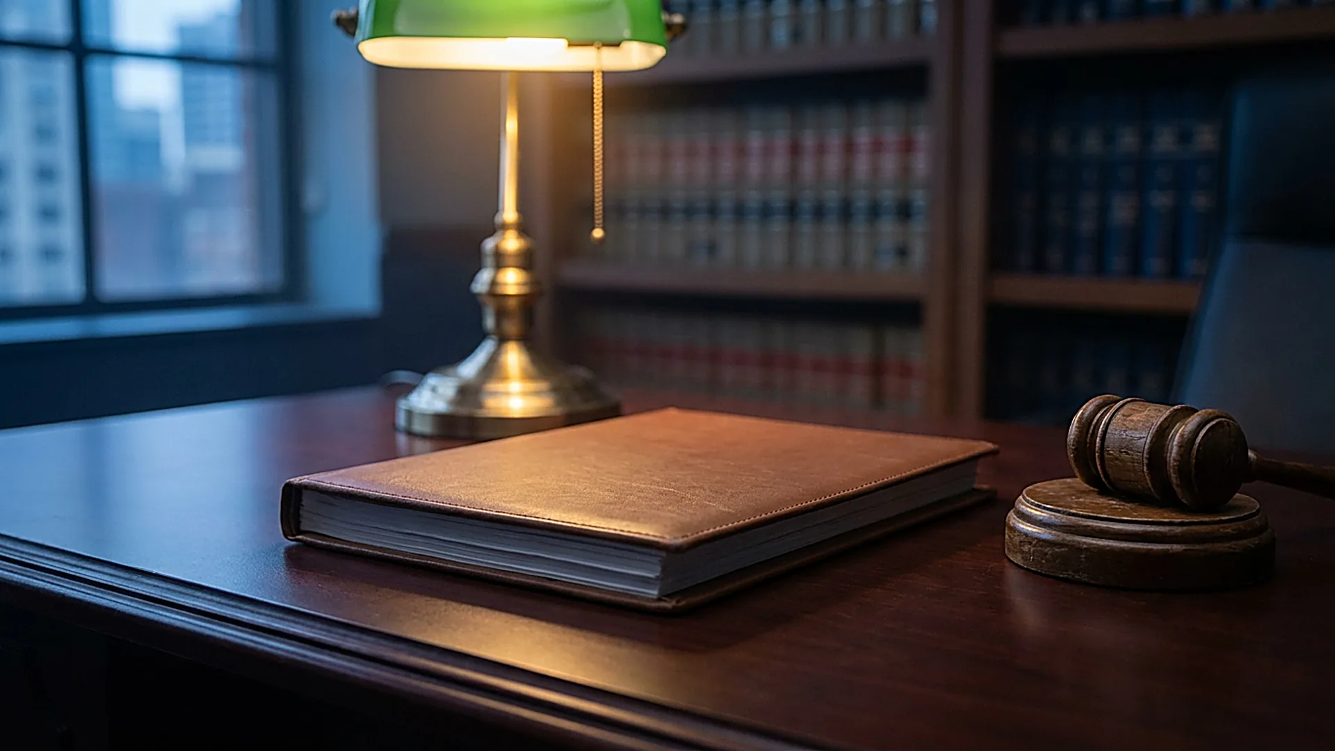 Closed presentence report on a judge's chambers desk beside a gavel under a brass lamp